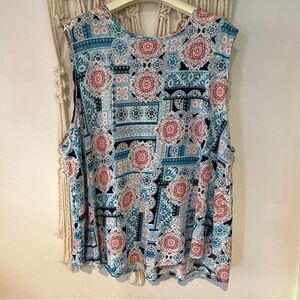 J Jill Love Linen Tank Portofino Medallion Top Women 3X Geometric Red White Blue